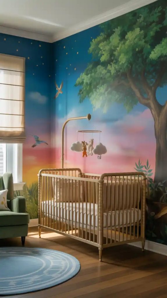 Minimalist nursery with natural wood crib and simple decor