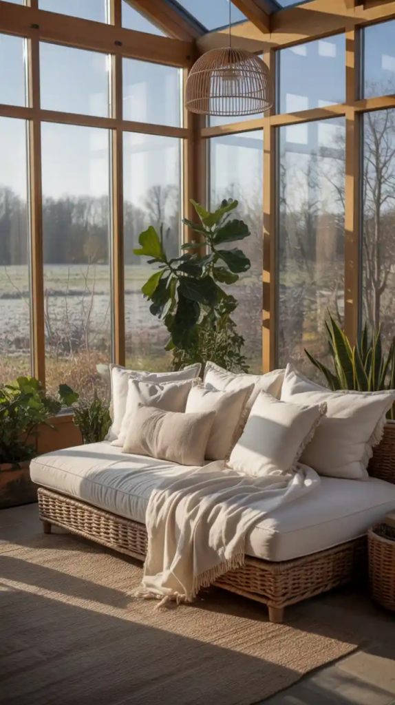 Minimalist bedroom with sunlight and linen bedding
