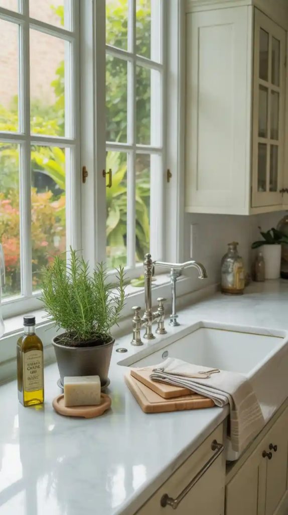Bathroom with frosted glass and greenery