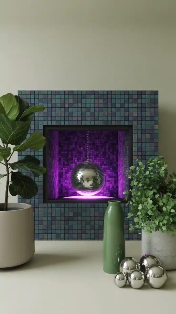 Artwork displayed inside empty fireplace