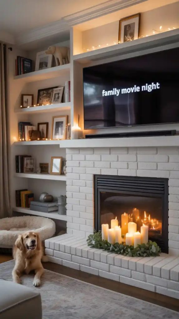 Rustic logs stacked inside empty fireplace