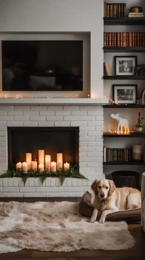 Books arranged in fireplace mini library