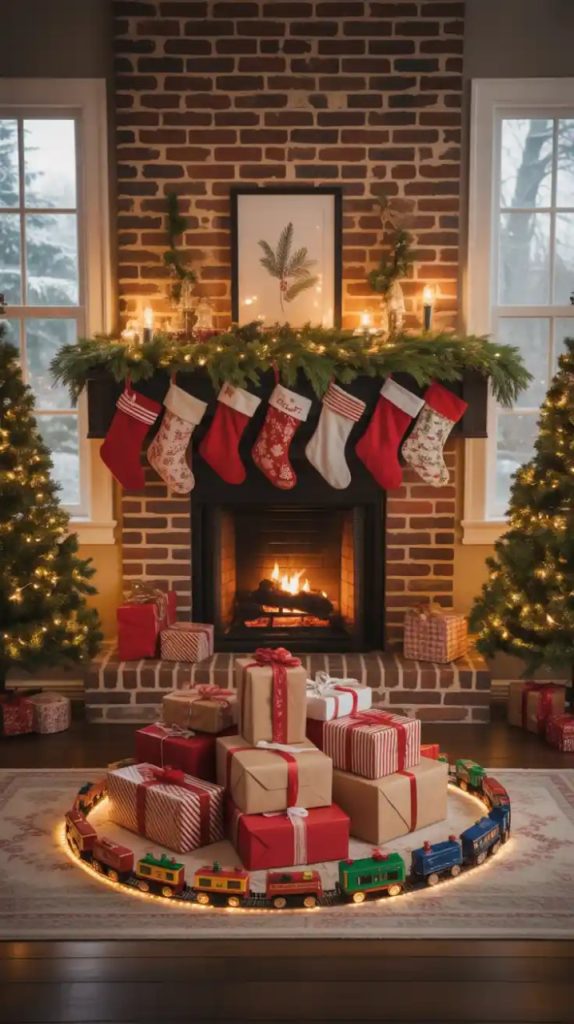 Fairy lights glowing inside fireplace
