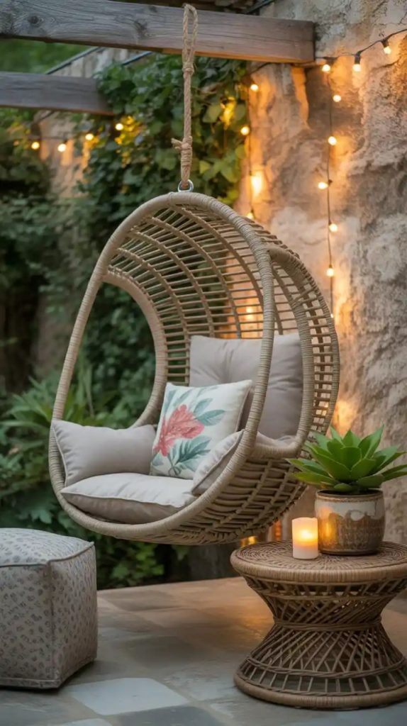 Boho bedroom with antique trunk and woven baskets
