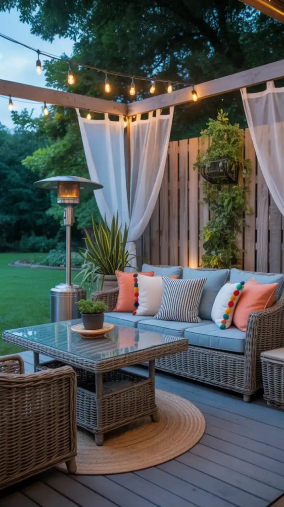 Canopy bed with jewel-toned curtains and plants
