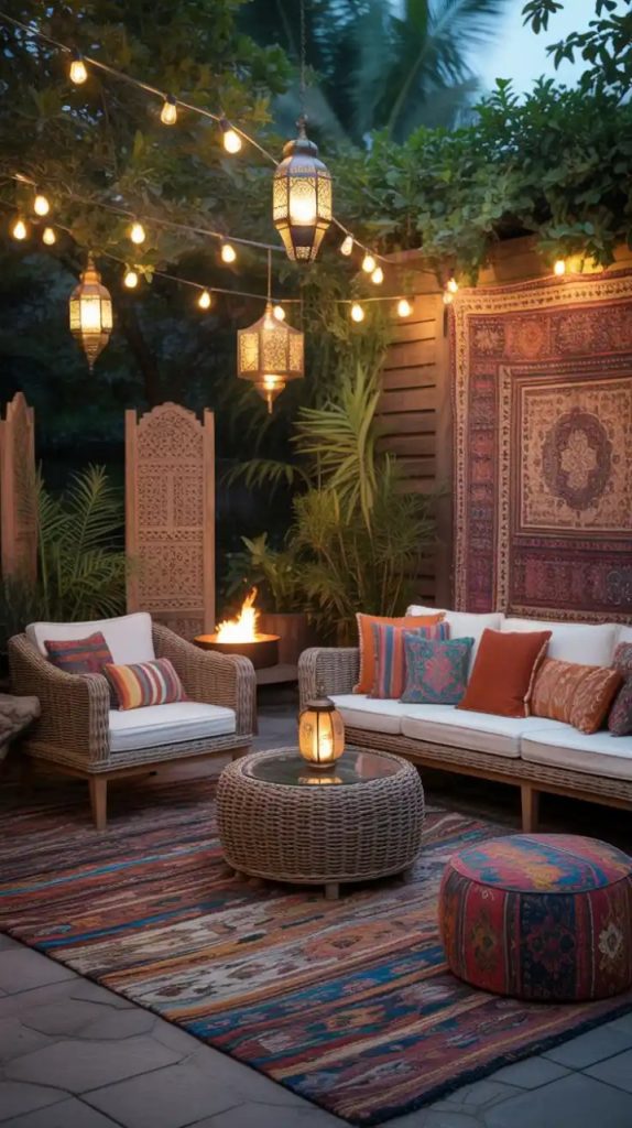 Layered rugs in a dark boho bedroom setting