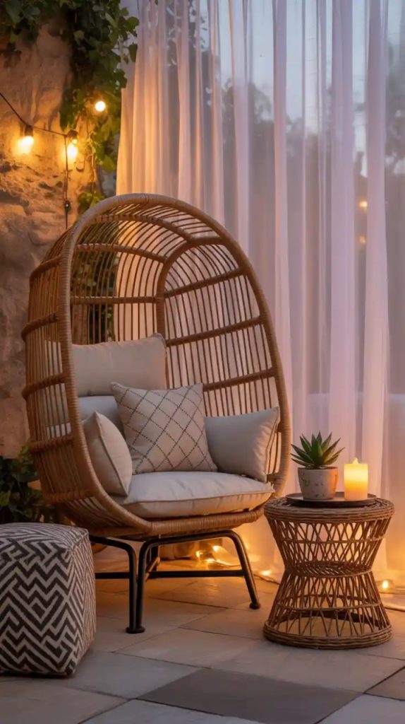 Boho balcony with macramé plant holders and rugs