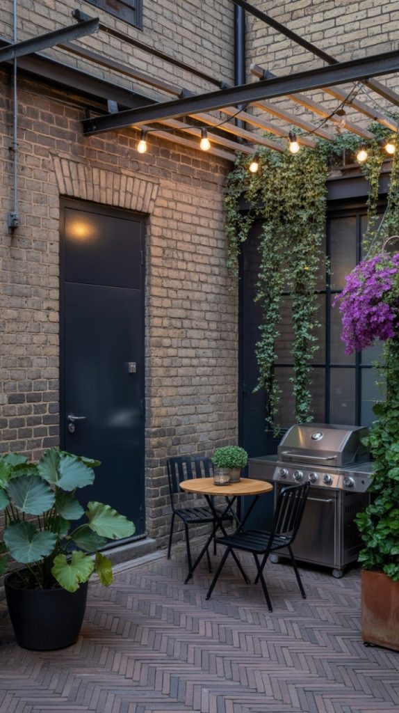 Vertical shelves with plants and candles on balcony wall
