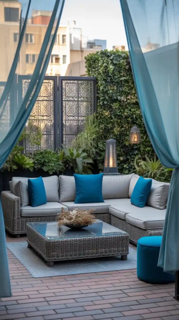 Colorful cushions on a tiny apartment balcony