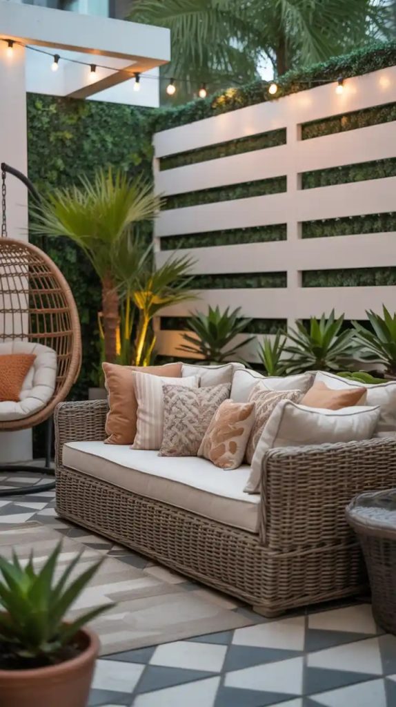 Cluster of potted plants in a corner patio spac