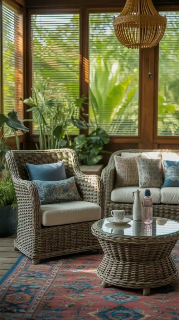 Patterned outdoor rug on a small patio