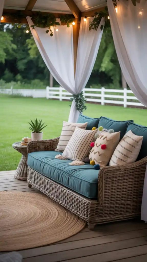 Cozy balcony decorated with string lights and cushions