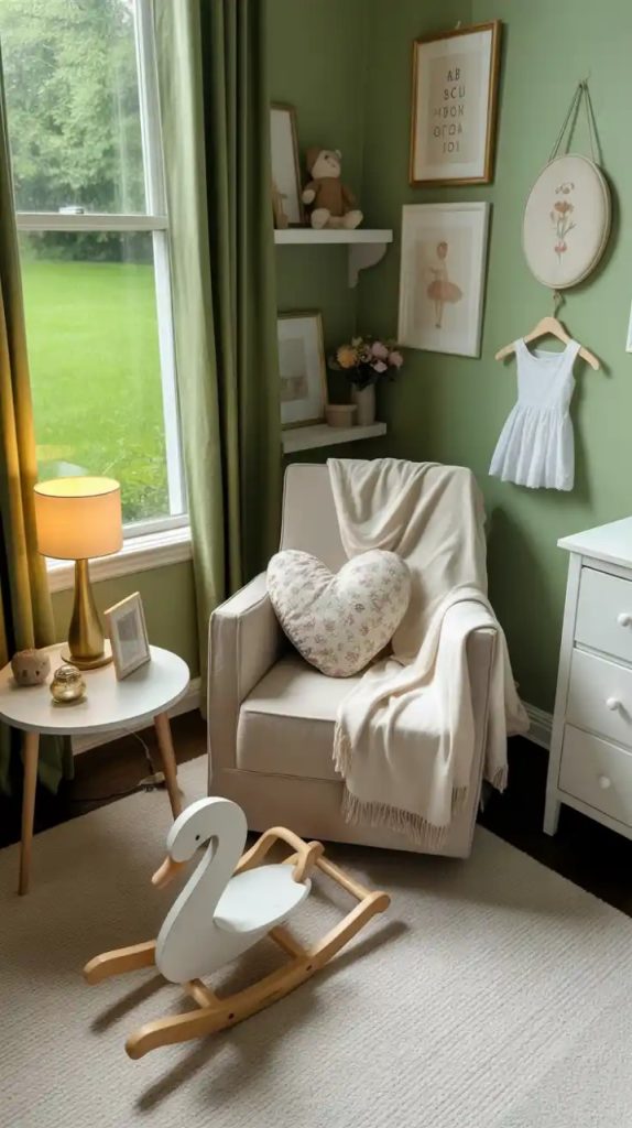 Wooden crib with boho-inspired rainbow bedding