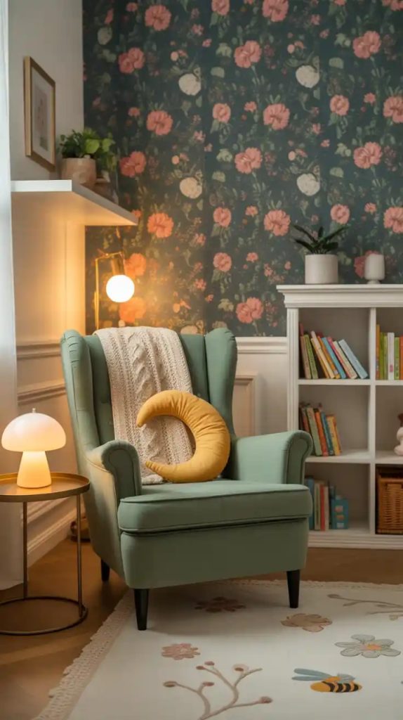 Cozy nursery corner with Moroccan rug and floor cushions