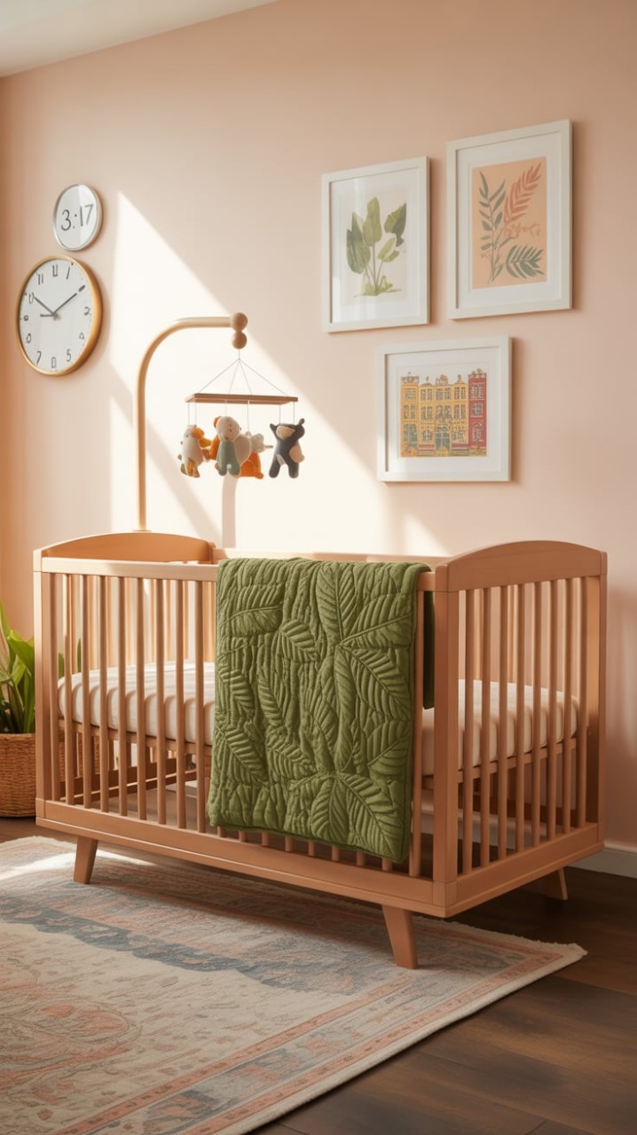 Baby girl boho nursery with wicker storage baskets