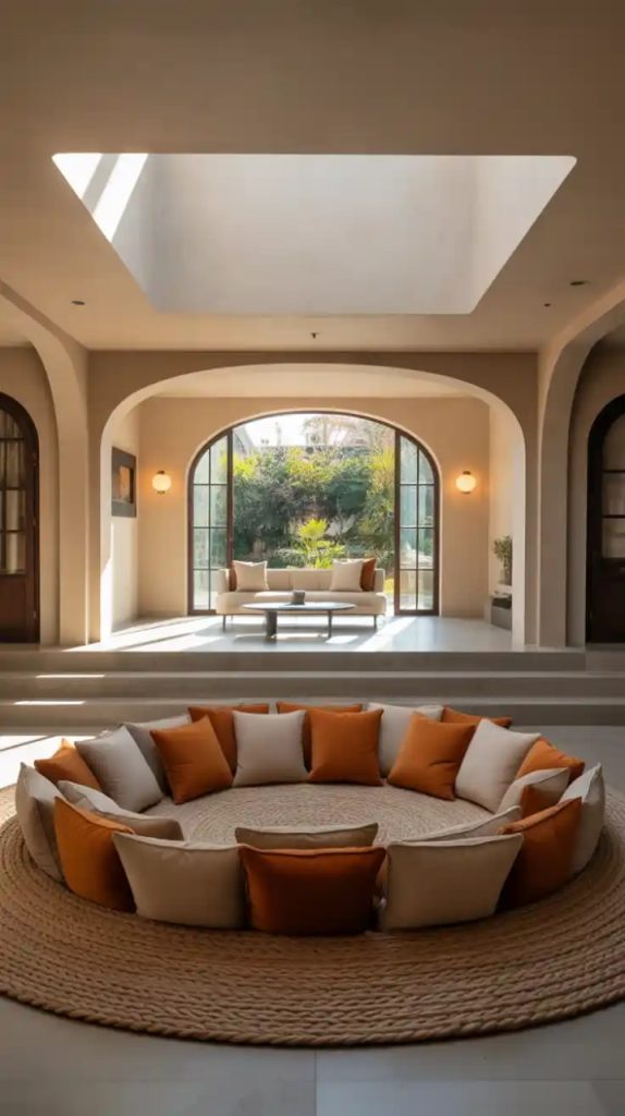 Sunken lounge area with recessed ceiling lights