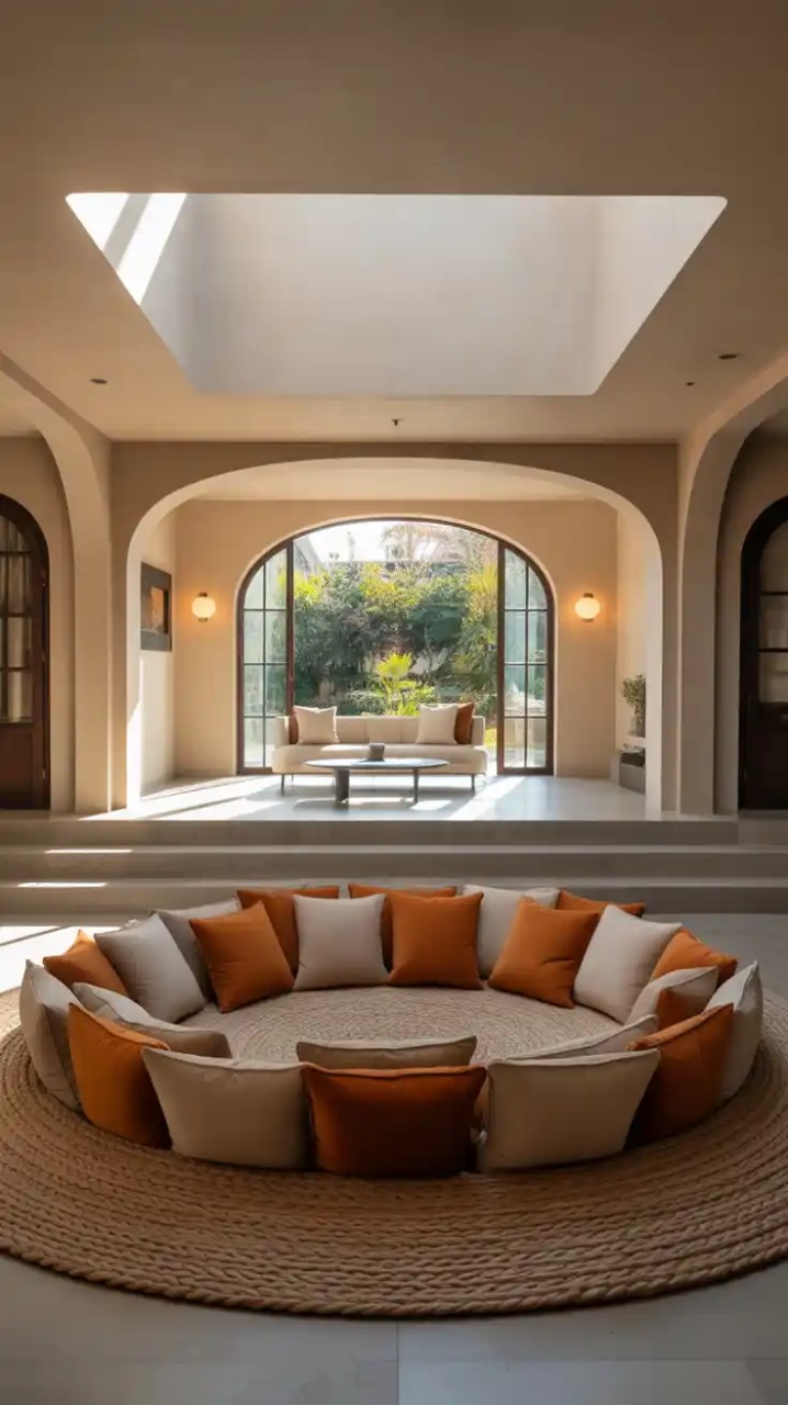 Family enjoying movie night in a conversation pit