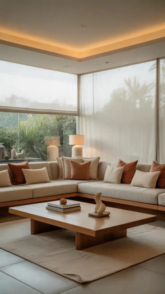 Velvet upholstery and throw pillows in a bohemian conversation pit