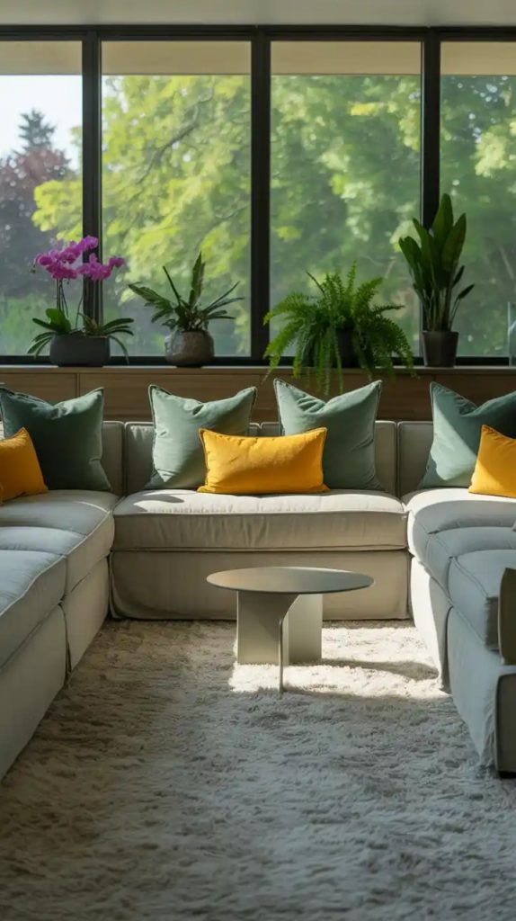 Minimalist conversation pit with neutral beige upholstery