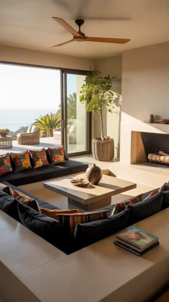 Retro-style conversation pit with shag carpet and bold colors