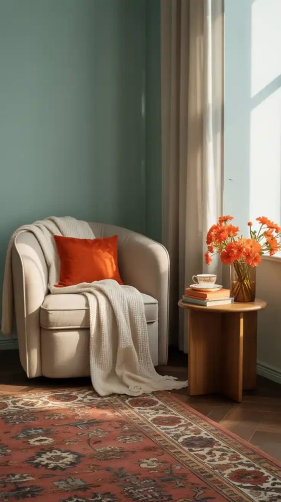 Corner daybed with cushions and throws near window