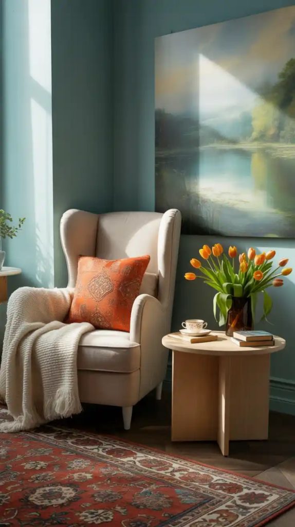 Art gallery wall in stylish bedroom corner