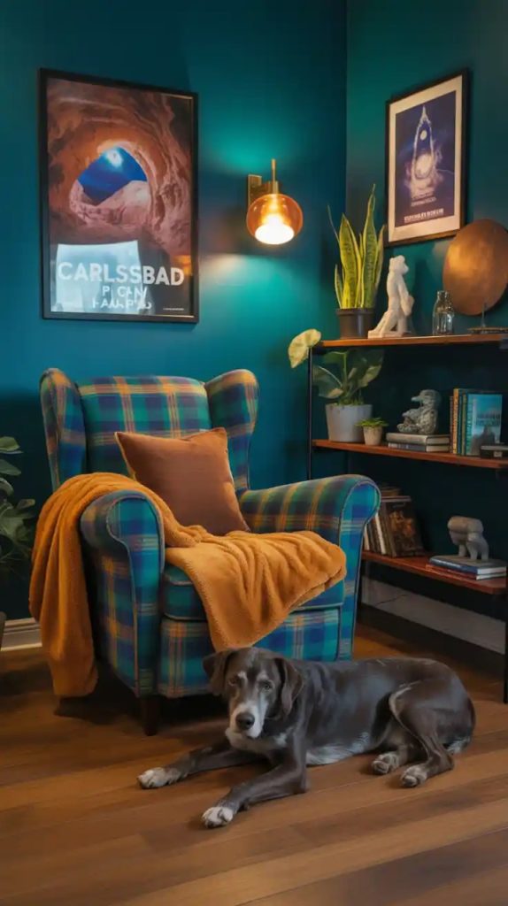 Decorative ladder with blankets and string lights in corner