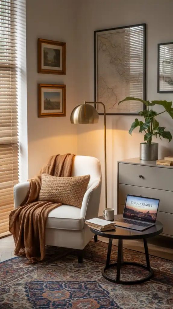 Statement chair in bedroom corner with rug