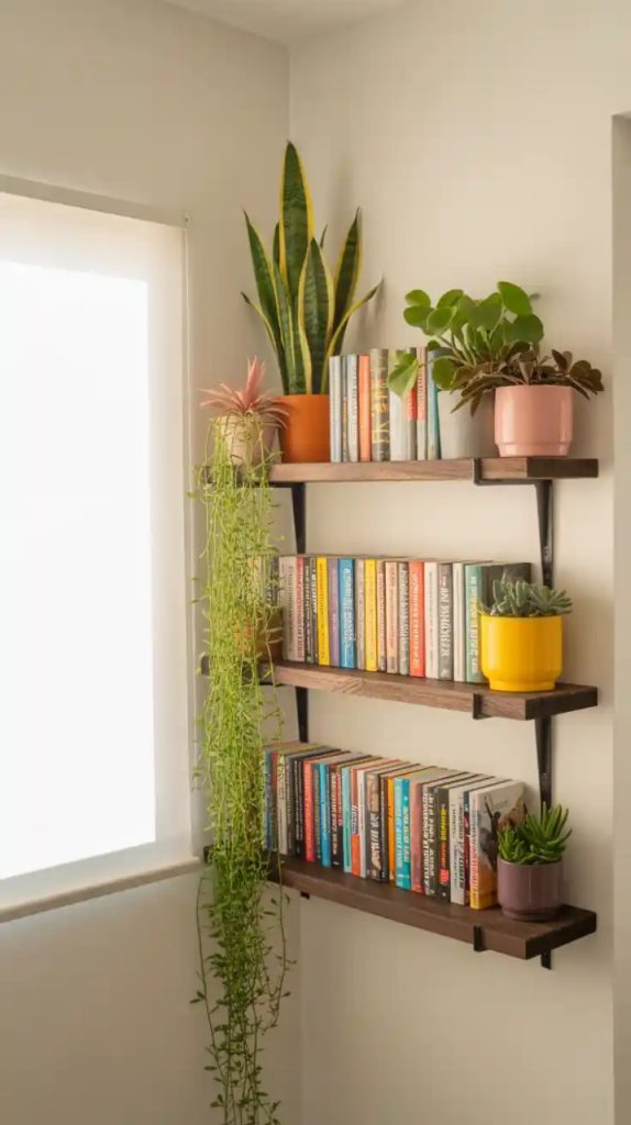 Mini home library in a bedroom corner with bookcase