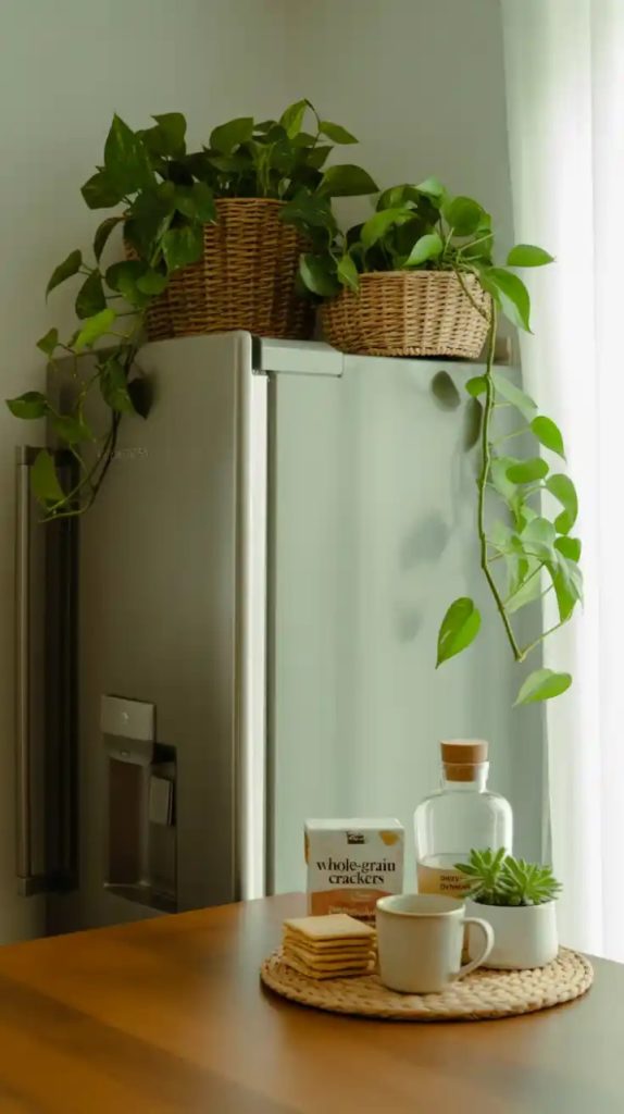Floating shelves above kitchen counter