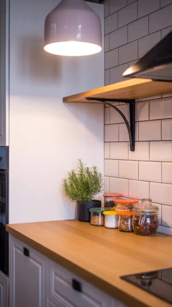 Organized kitchen counter with decorative tray