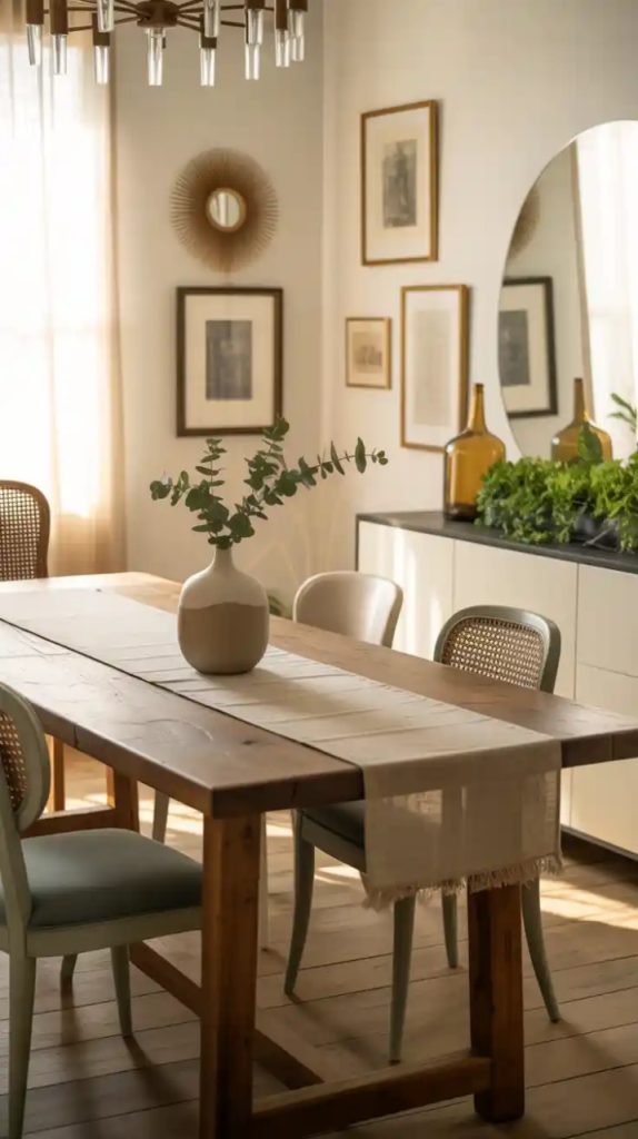 Dining room styled with earthy terracotta and mustard tones