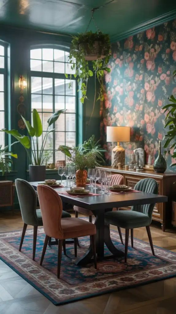 Colorful patterned rug under a rustic dining table