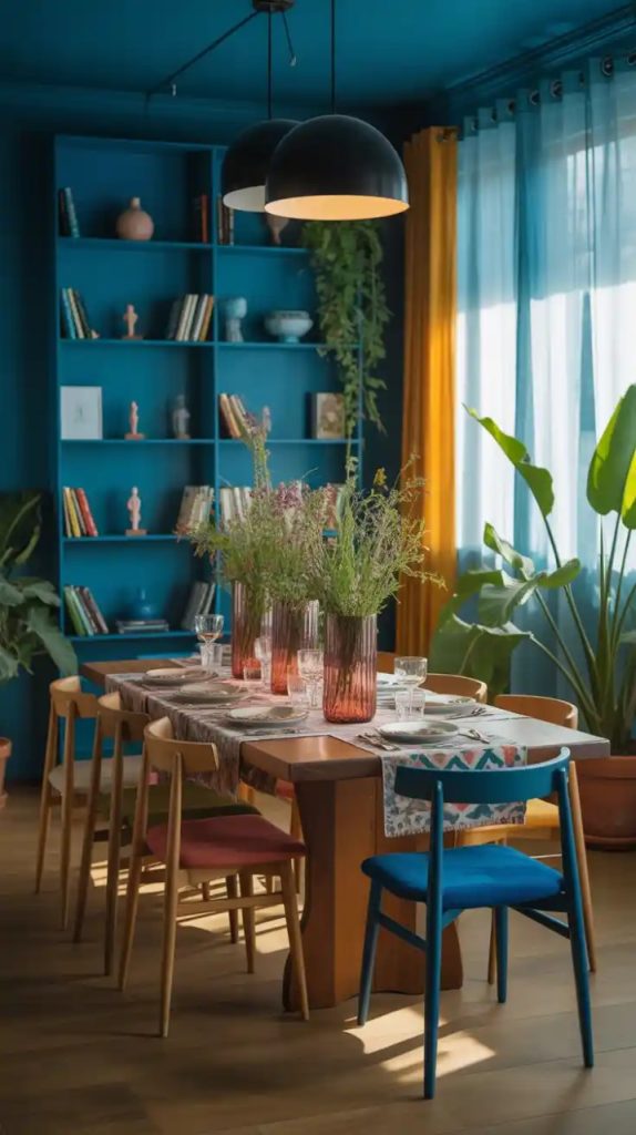 Artistic gallery wall in a boho dining room