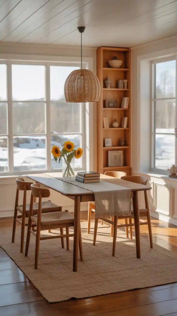 Natural rattan pendant lights above dining table