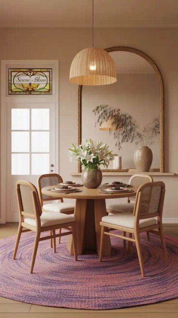 Boho dining area with indoor plants and greenery