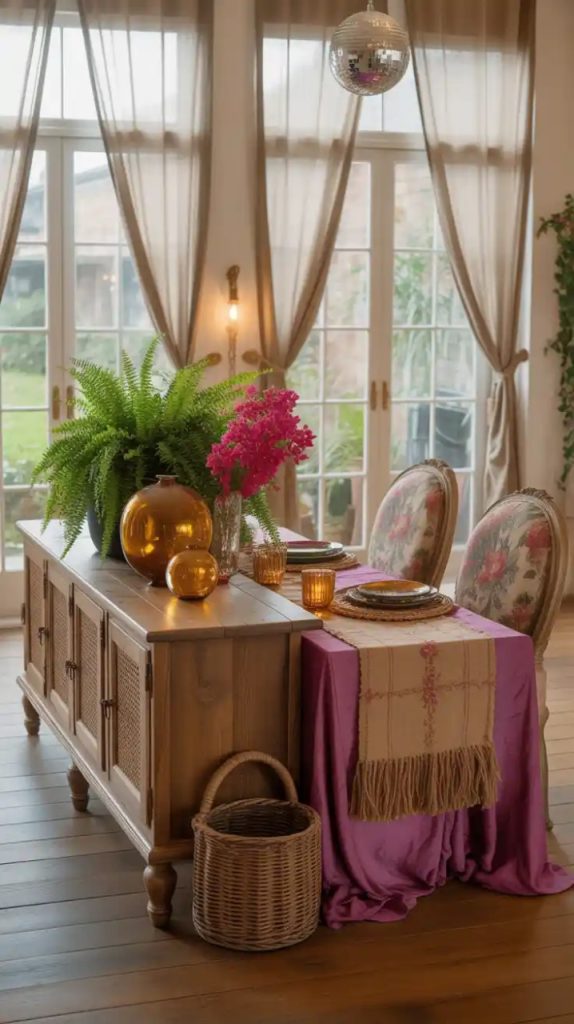 Cozy bohemian dining space with layered rugs