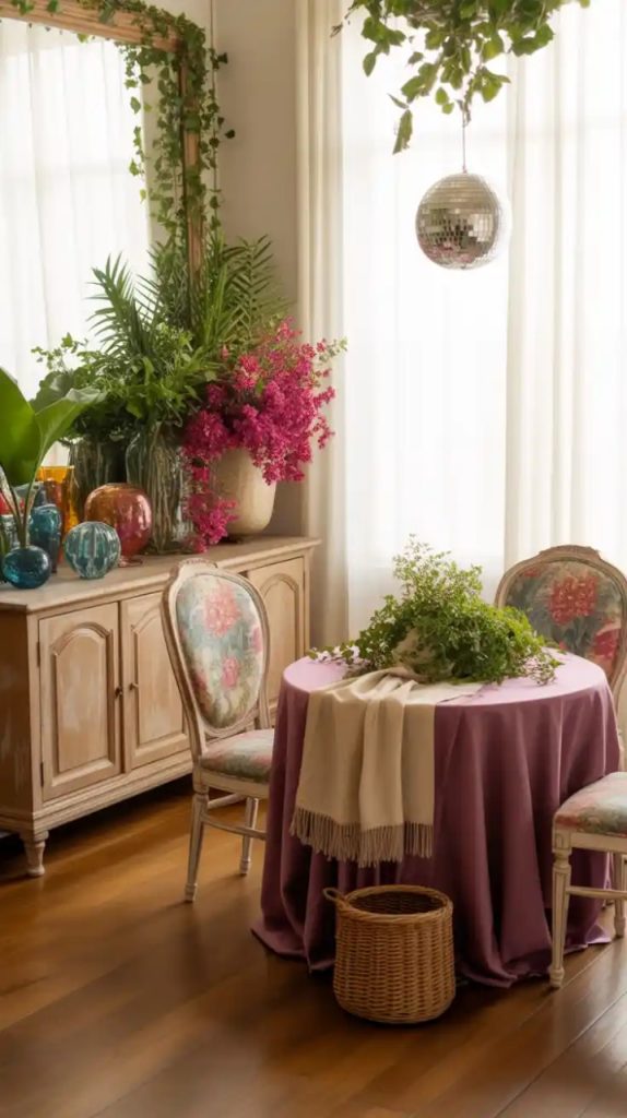 Boho dining room with wooden table and rattan chairs