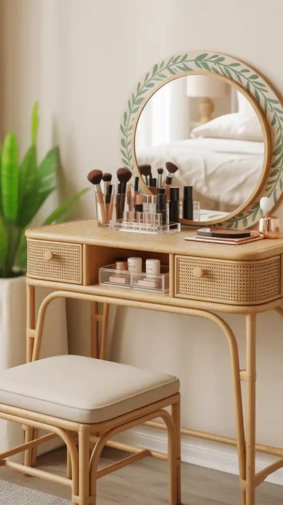 Artistic bohemian vanity with colorful textiles