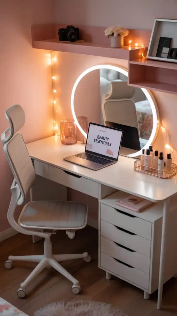 Sunburst mirror above a boho makeup vanity