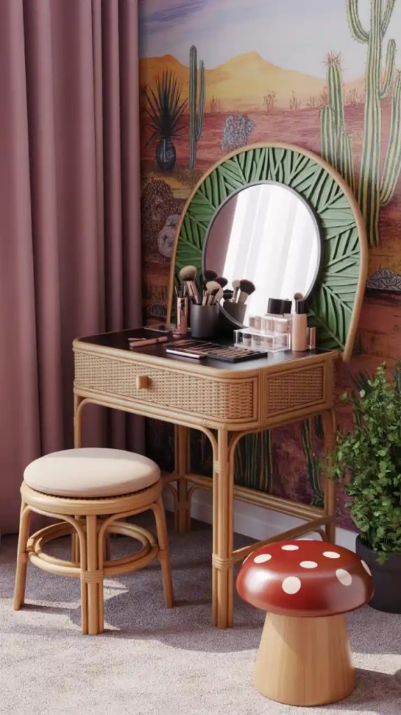 Boho vanity storage with woven baskets and trays