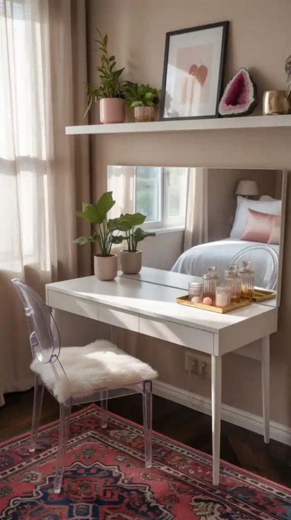 Makeup vanity with fairy lights and boho accents