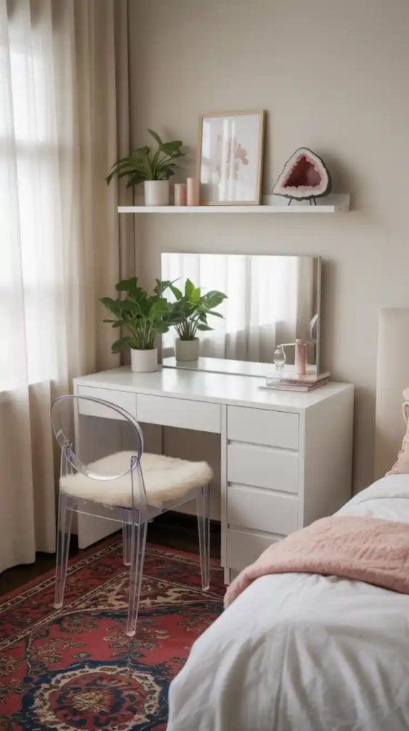 Boho-inspired vanity corner with pampas grass