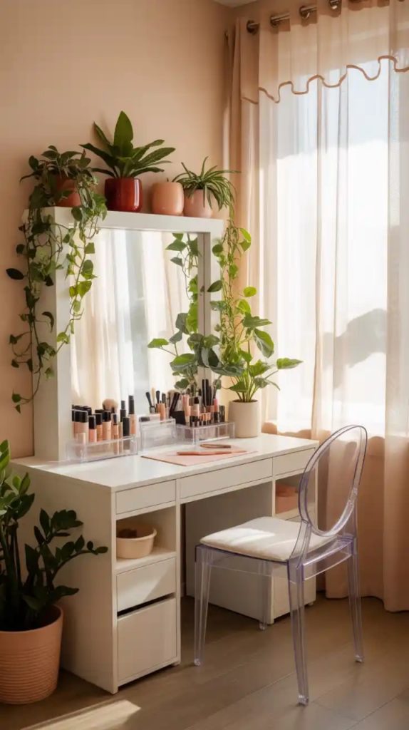 Vintage vanity setup with eclectic boho décor