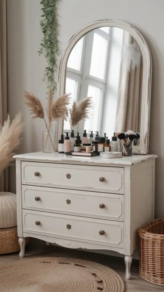 Boho vanity mirror with carved wooden frame