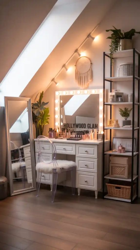 Cozy bohemian vanity with plants and warm lighting