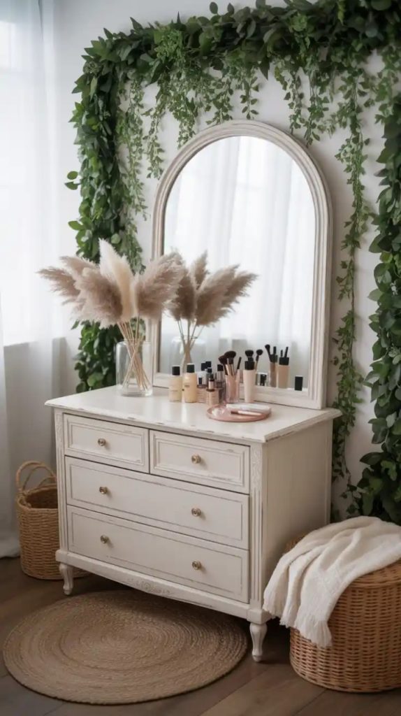 Wicker stool in front of a natural wood makeup vanity