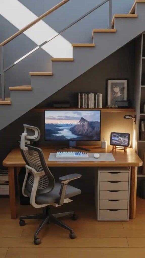 hidden pull-out desk under staircase storage unit