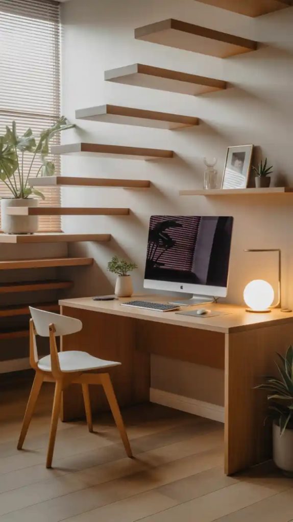 glam study space under stairs with velvet chair