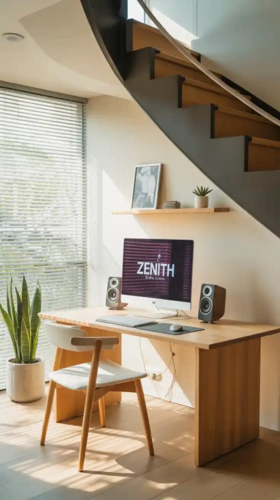 kids homework station under stairs with colorful storage